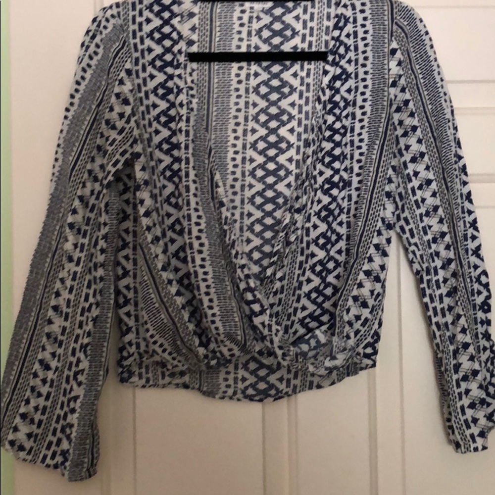 Blue & White Long Sleeve, V Neck Blouse